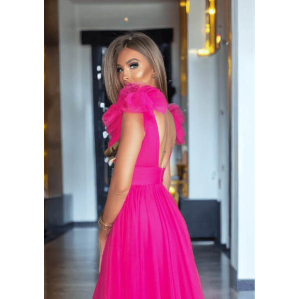 DOLGA SVEČANA OBLEKA IZ TILA V BARVI FUKSIJE